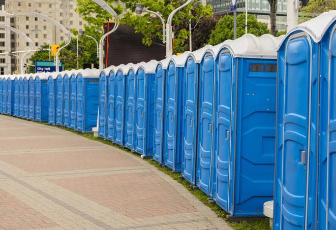 hygienic portable restrooms lined up at a music festival, providing comfort and convenience for attendees in Charlestown